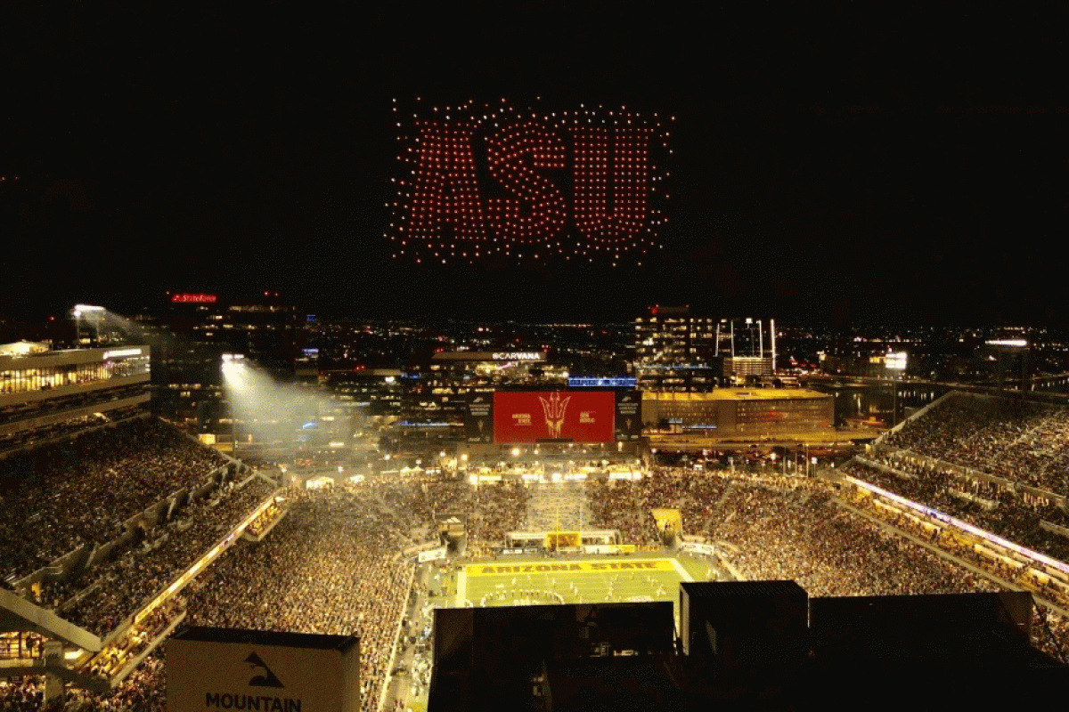 Drones spell out ASU in the sky over the football stadium