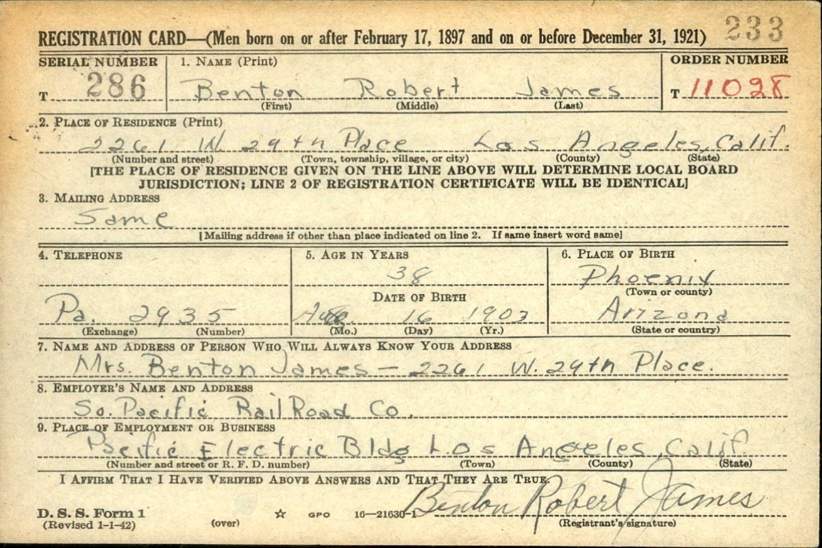 WWII draft card for Benton James