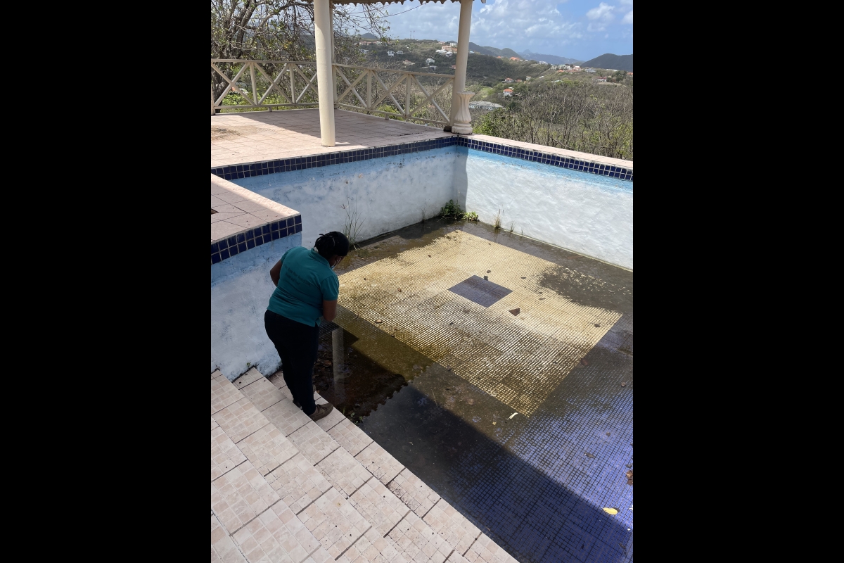 Woman standing next to a nearly empty pool.