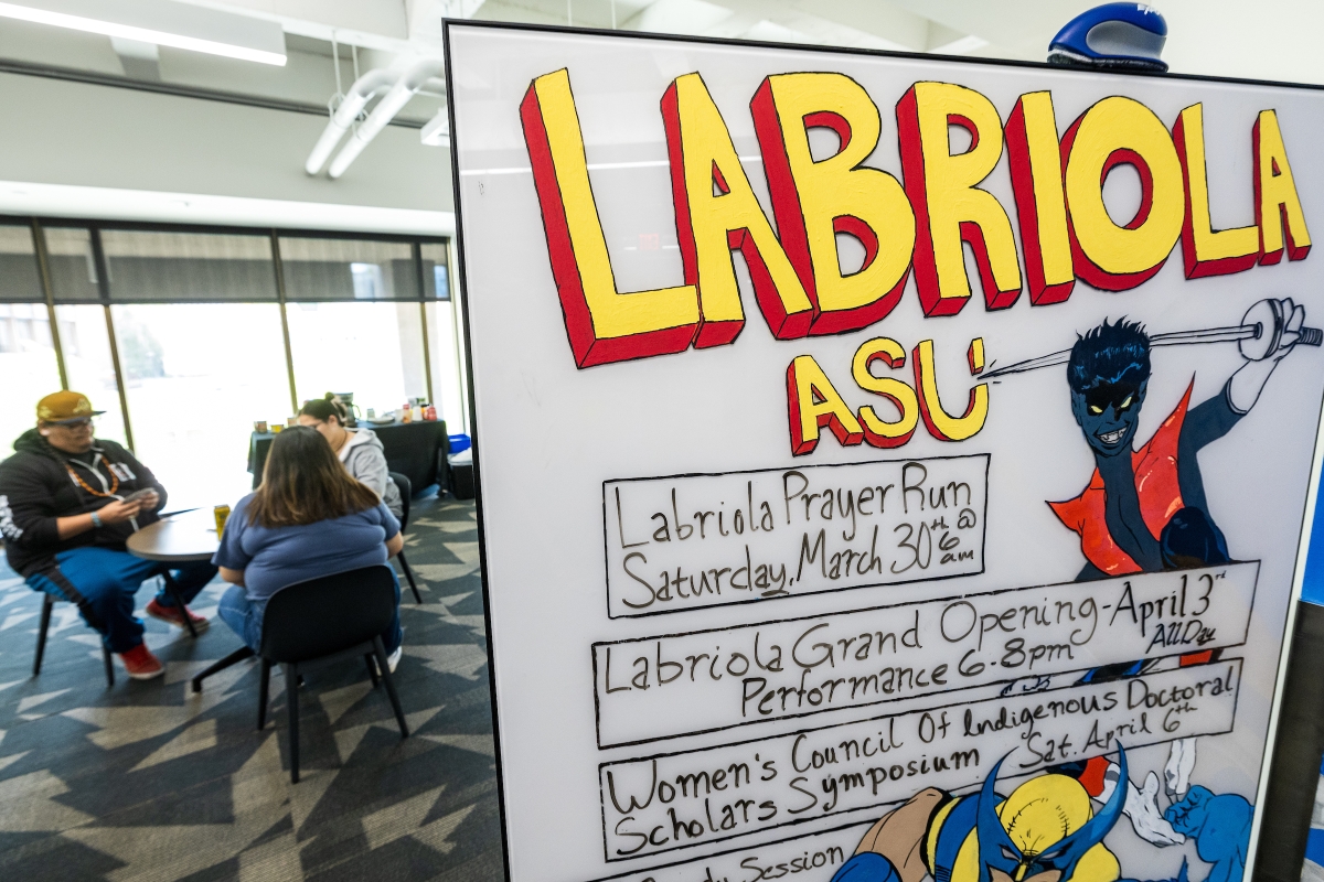 Whiteboard in library that says Labriola ASU