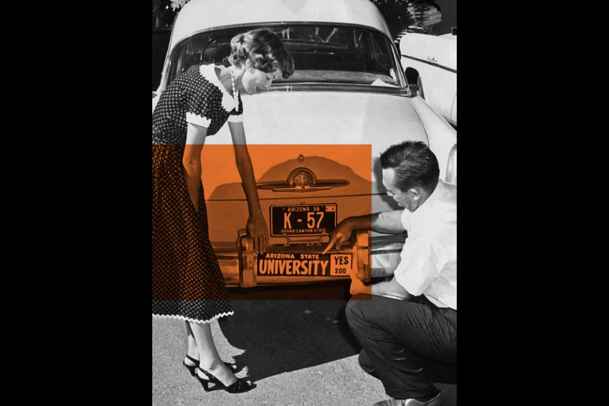 Stylized historical photo of people putting bumper sticker on car