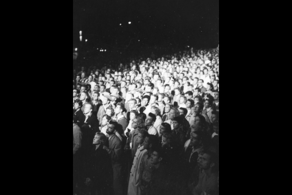Historical black and white photo of a crowd of ASU students