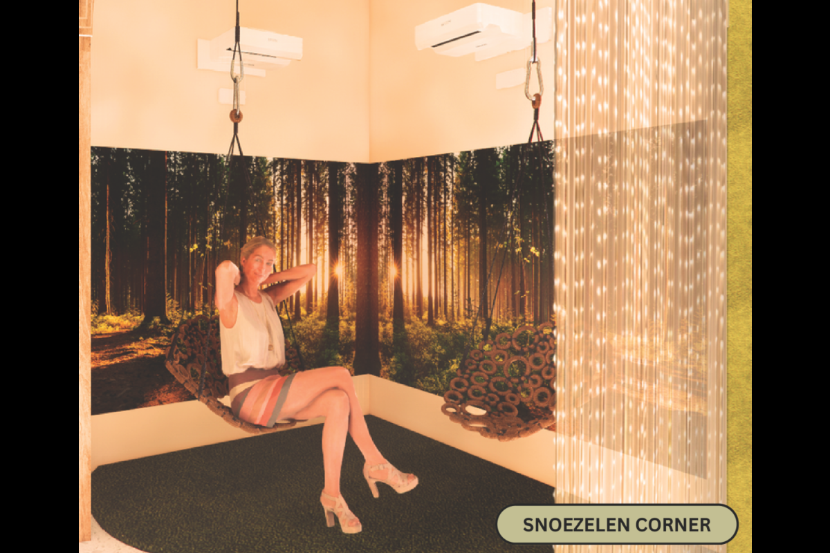 A woman sits on a hanging swing chair in a corner with a photo mural of a forest and hanging lights.