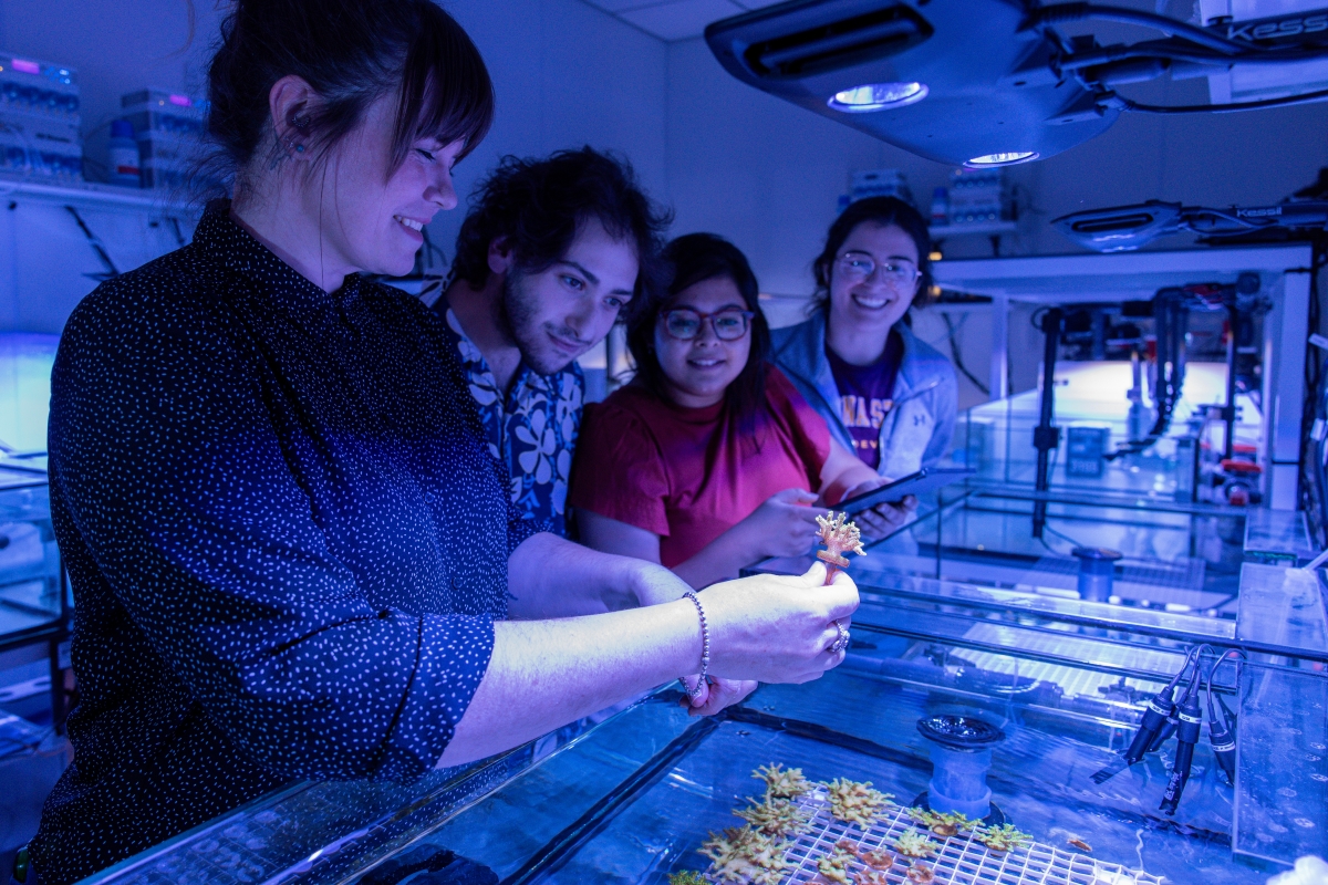 A professor shows students a piece of coral in a lab.