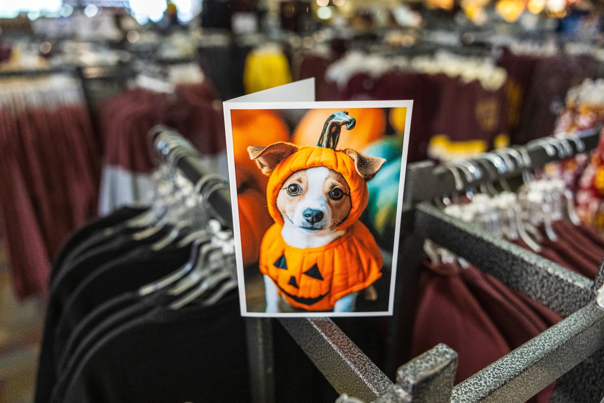 Greeting card with a dog and pumpkins