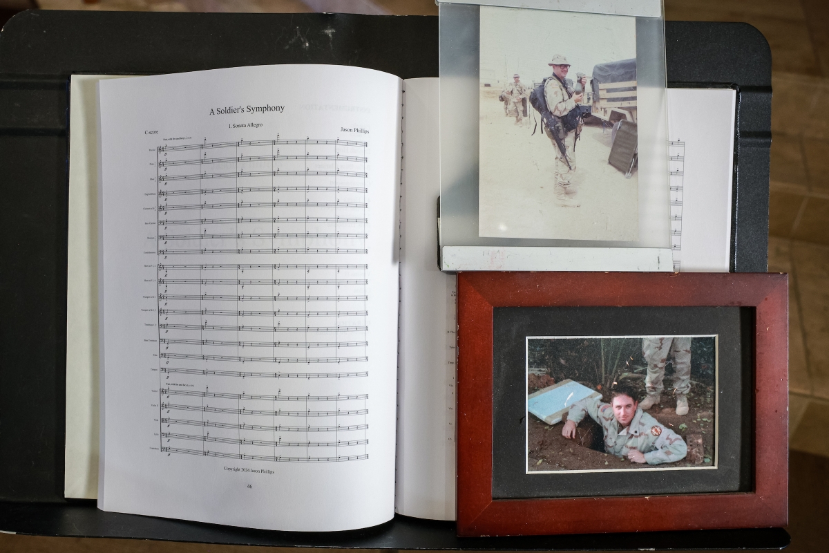 Page of sheet music next to two photos of a man in military fatigues.