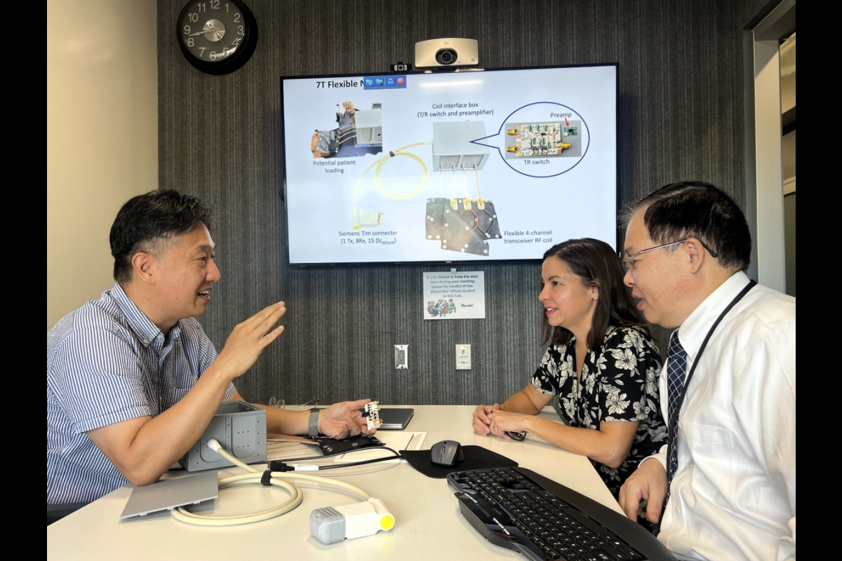 People gathered around a conference table talking.