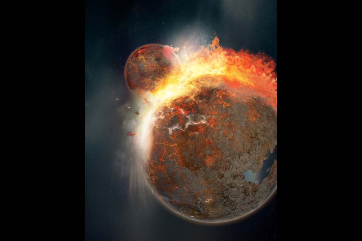 An artistic illustration shows Theia impacting the proto-Earth.