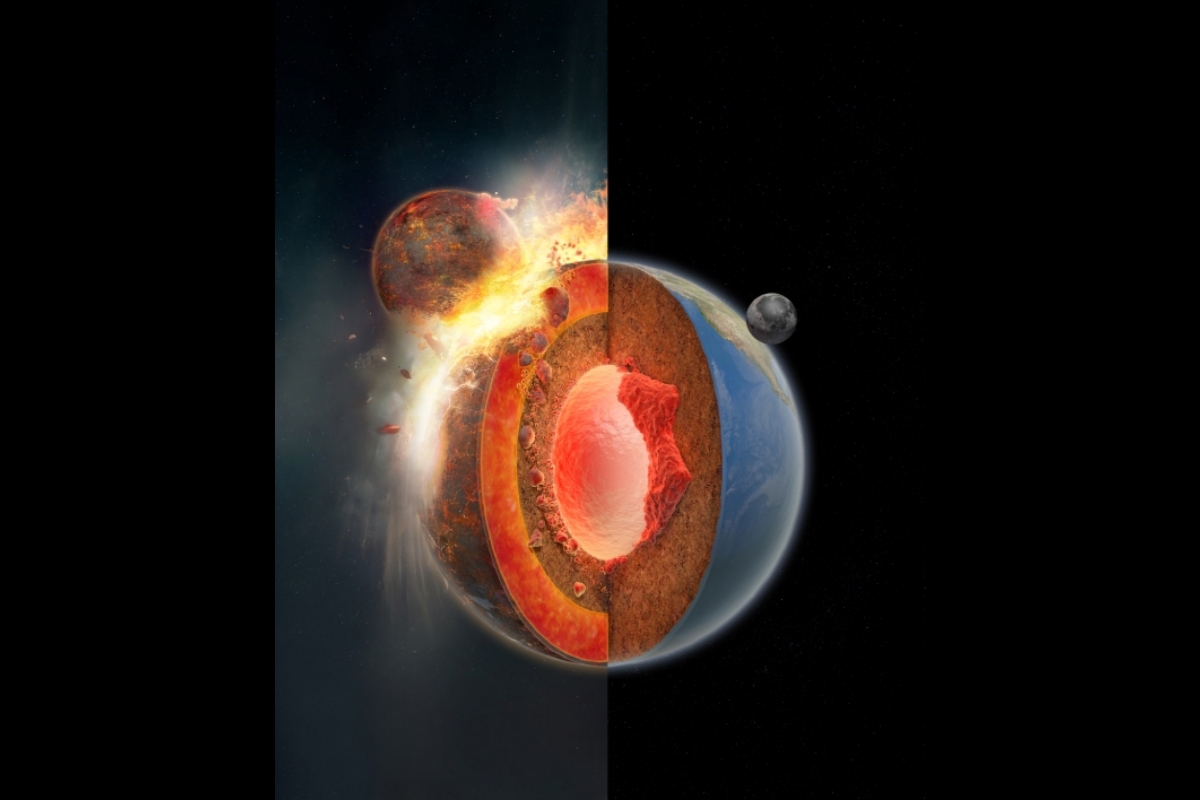 Parts of the Theia materials sink to and accumulate at the bottom of Earth’s mantle, forming the large low-velocity provinces (LLVP) blobs.