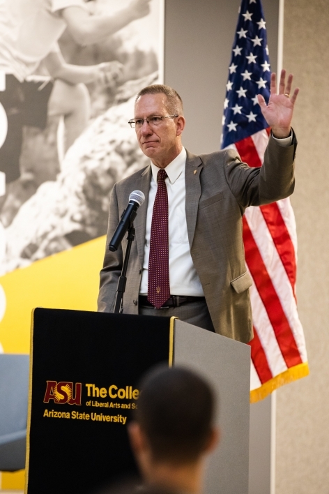 Pat Tillman Veterans Center Director and retired Navy Captain Steven Borden speaks about his time at ASU and in the US Navy during The College's Salute to Service event Nov. 8.