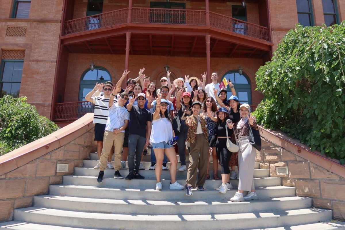 ASU Summer Sustainable and Innovation program 2023 students group photo in front of the Old Main building at ASU Tempe Campus.