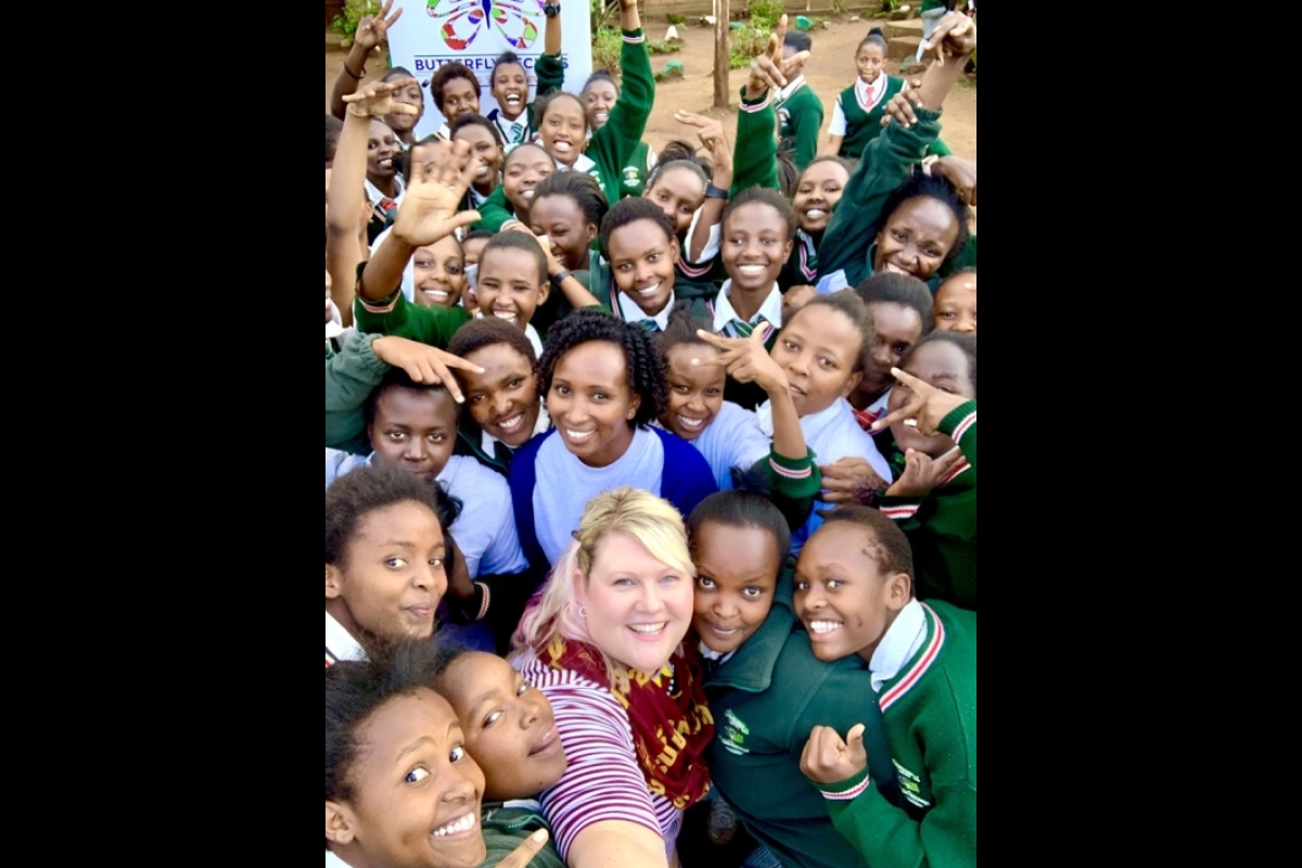 Christina Carrasquilla, Janet Silantoi and students at the AIC Moi Girls Secondary School in Samburu County, Kenya. 