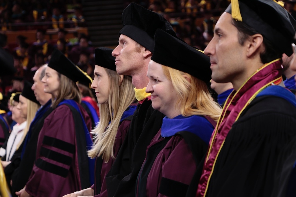 Wendy Caldwell stands with math colleagues during ASU Graduate Commencement
