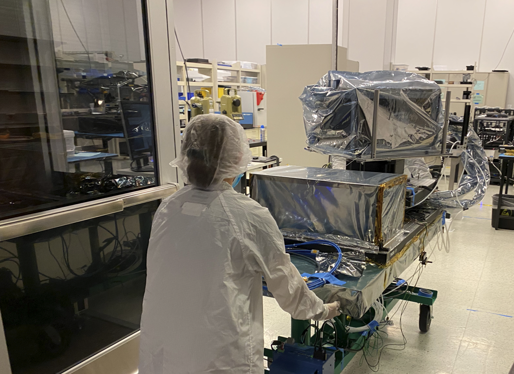 The E-THEMIS instrument in its protective enclosure leaving the cleanroom for transport to the rooftop lab in ISTB4 on the ASU Tempe campus.