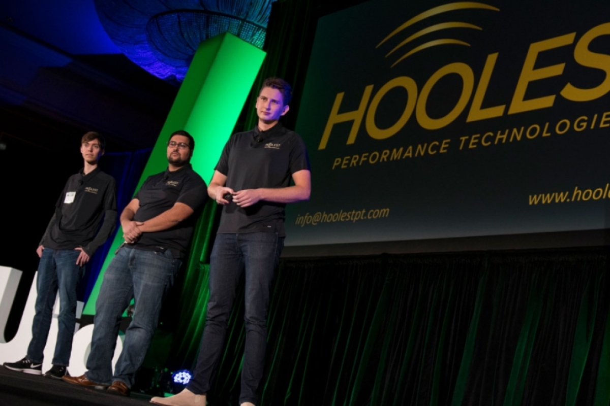 Hoolest co-founders (left to right) John Patterson, Sami Mian and Nick Hool pitch their startup at the 2018 Arizona State University Innovation Open competition.