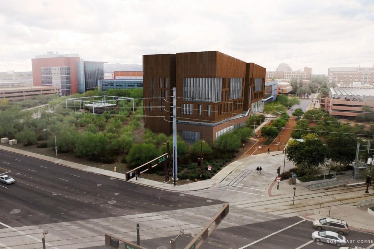 Rendering of Biodesign C and Tempe's busy Rural Road from the northeast