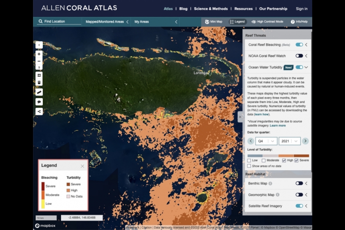 Screenshot of the Allen Coral Atlas Reef Threats system in use. Next to a map of a land mass is a box containing a map legend and a box containing text such as "Coral Reef Bleaching" and "NOAA Coral Reef Watch" that can be selected.