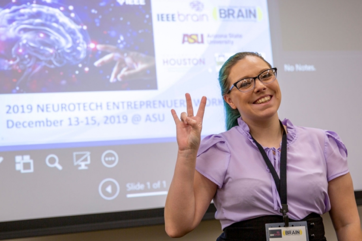 Kassondra Hickey poses at the IEEE Brain 2019 Neurotech Entrepreneurs Workshop.