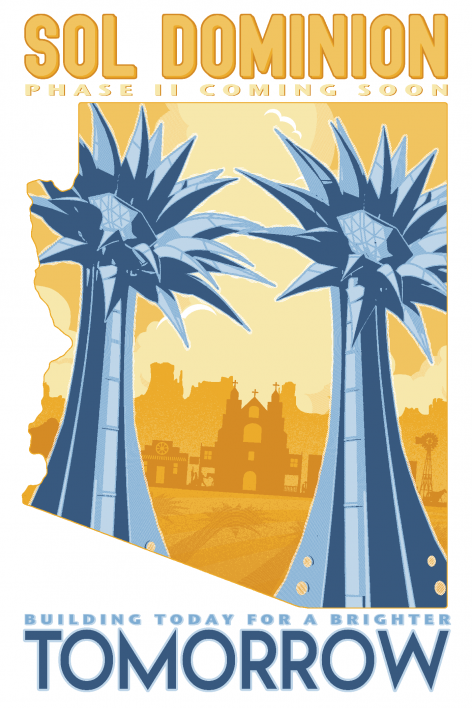 Poster-style illustration of two colossal solar towers shaped like sunflowers.