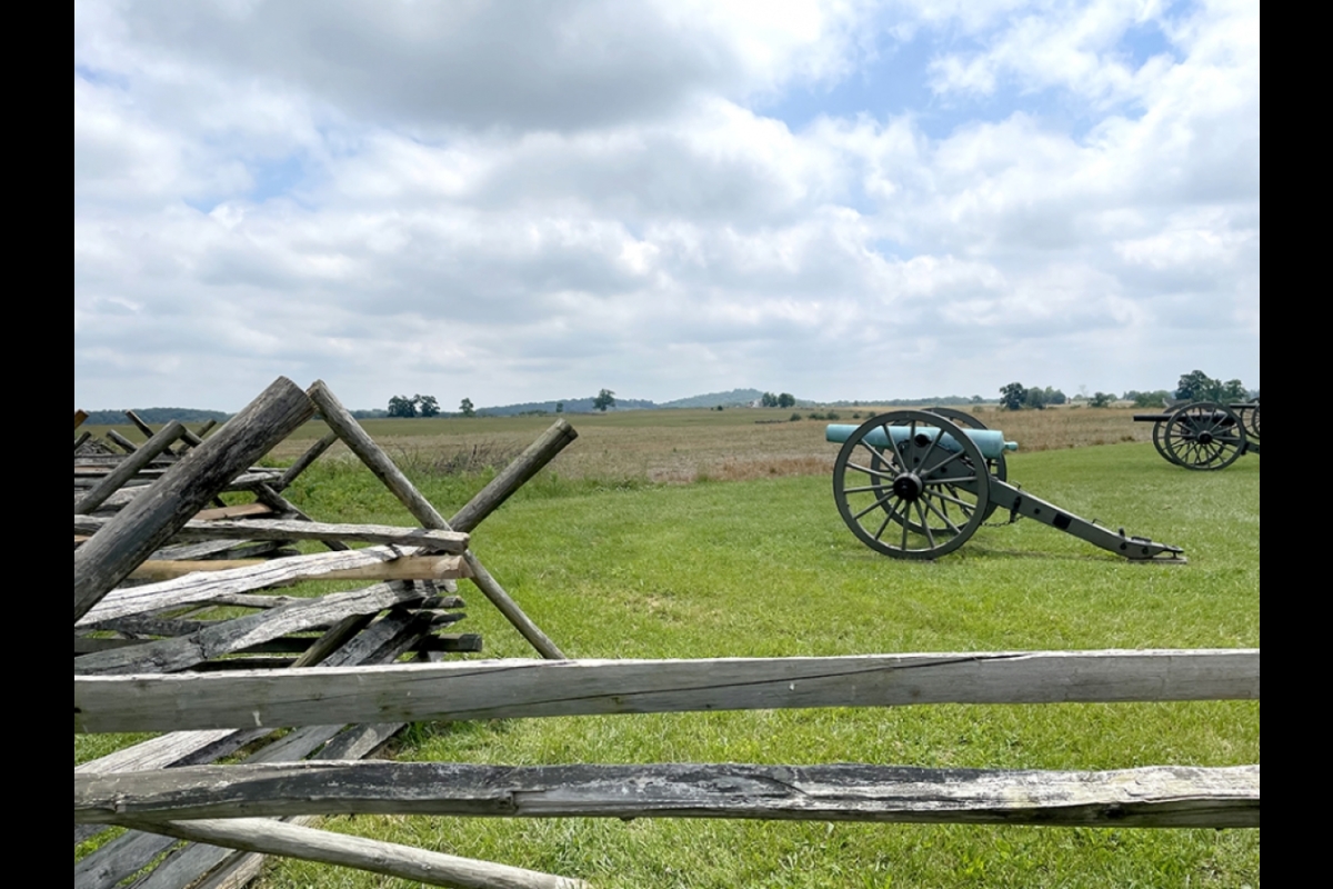 Replica cannons face north from the vantage point of Confederate General George Pickett on the Gettysburg battlefield.