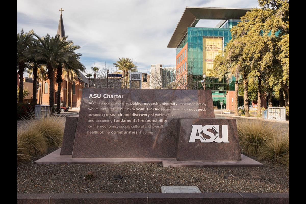 ASU sign with university charter on it on the Tempe campus