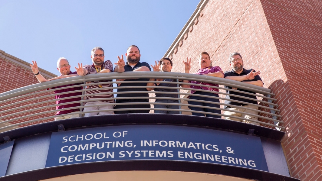 Members of the School of Computing, Informatics, and Decision Systems Engineering information technology team, from left to right: Lincoln Slade, Peter Templeton, Nicholas Beck, Marc Shireman, Brint MacMillan and Fred Kreller.