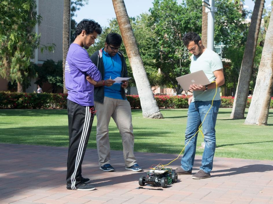 In the second demonstration, students had to use GPS and a magnetometer to get their cars to navigate themselves to a given destination. Photographer: Mihir Bhatt/ASU