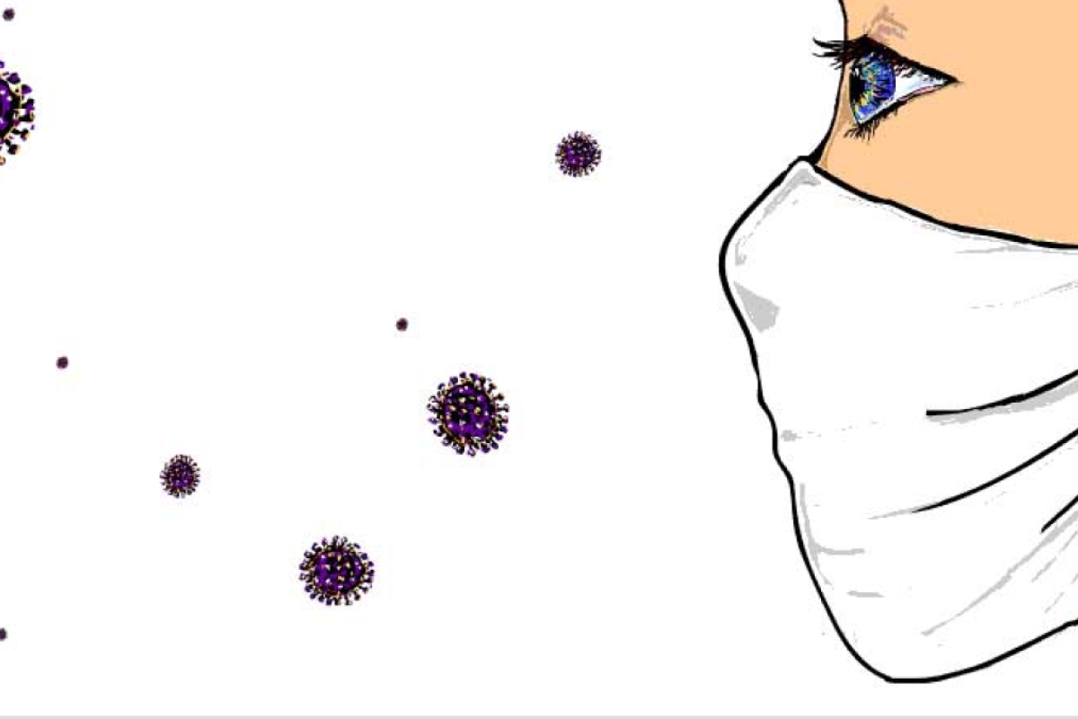 An illustration of oversize viruses floating outside a mask