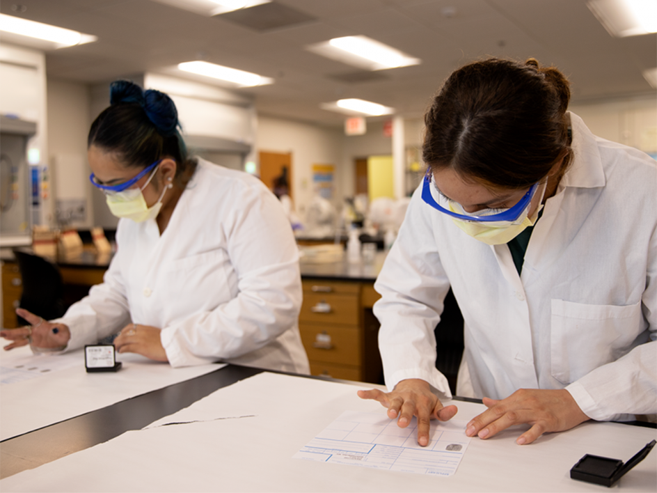 Two students in lab equipment collecting fingerprints