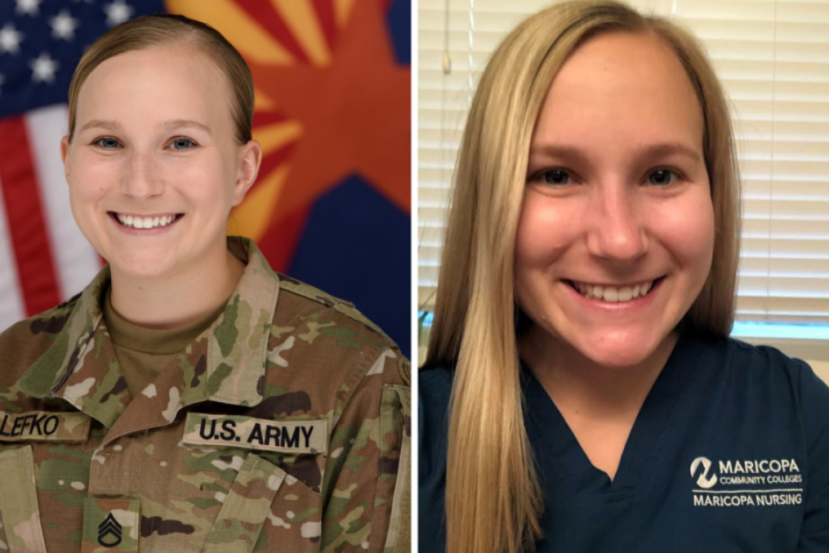 ASU student Courtney Lefko in a side by side image where she is wearing her military uniform in one photo and her nursing school scrubs in the other