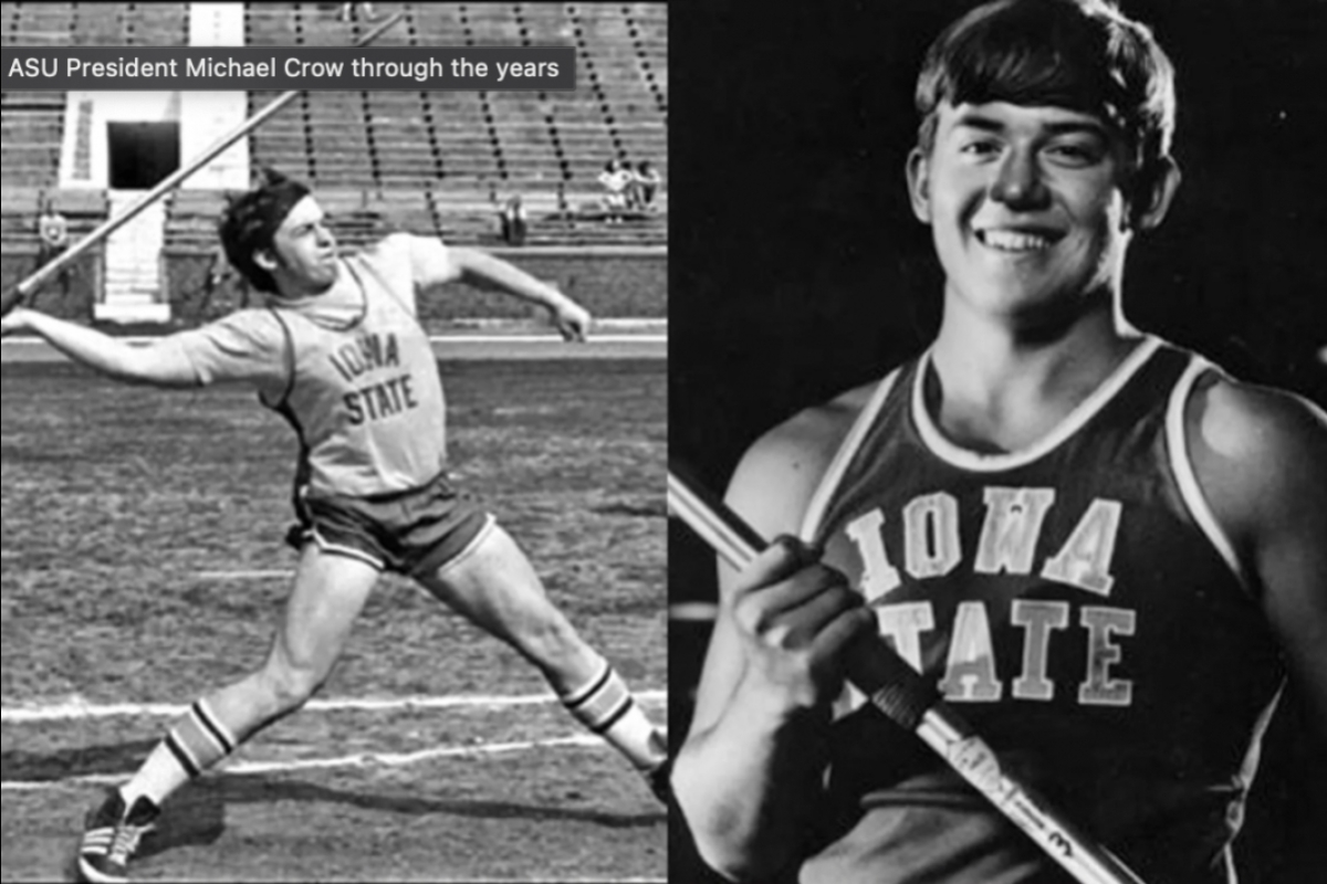 Side-by-side black-and-white photos of ASU President Michael Crow. On the left, Crow throws a javelin during college. On the right, he smiles in an Iowa State jersey.