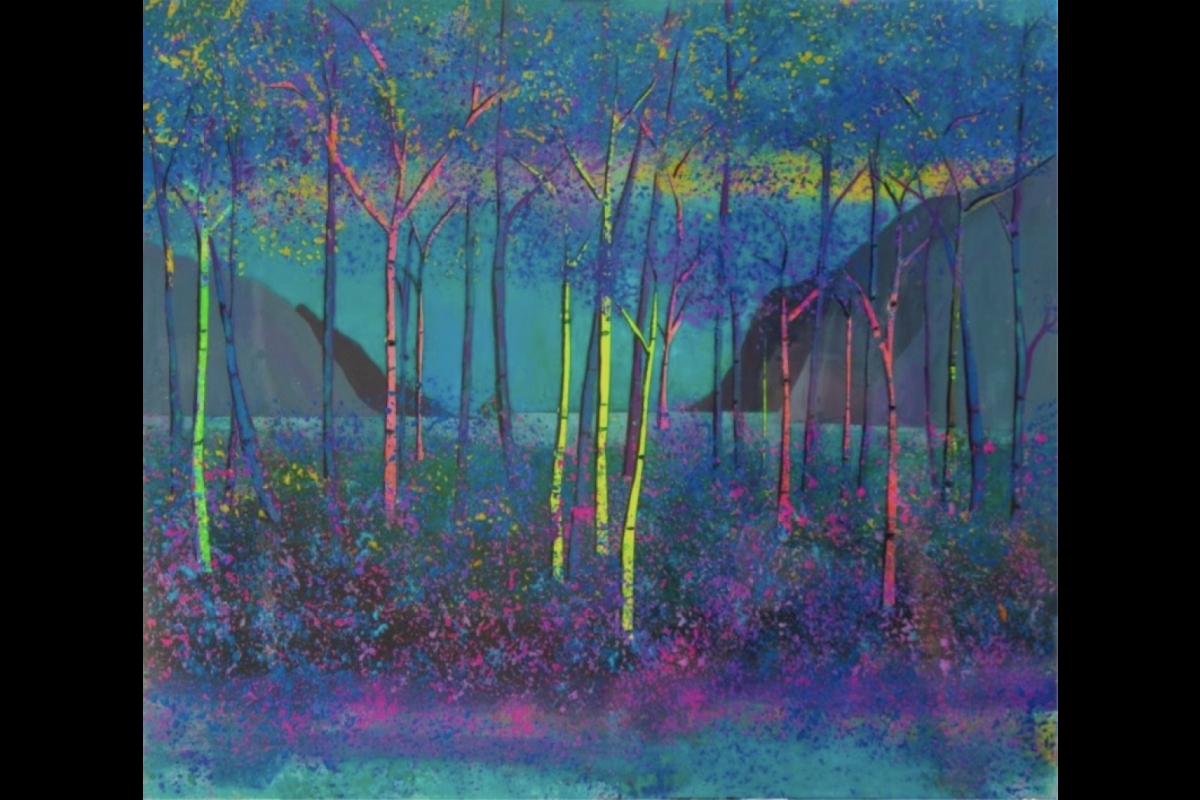 A painting of multicolored trees.