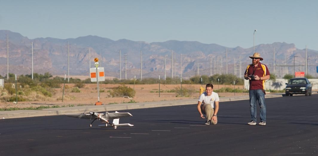 Nick Kolesov and Don Wood take the aircraft on a test flight near the ASU Polytechnic campus.