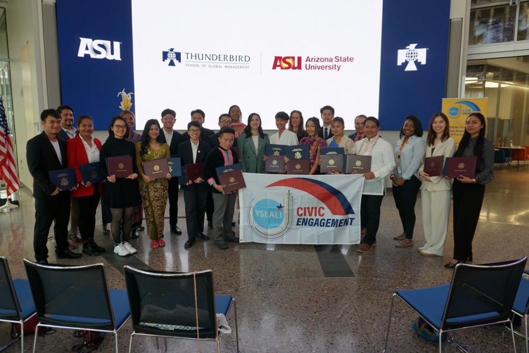YSEALI Fellows display certificates at a March closing ceremony concluding their ASU fellowship, held at the Thunderbird School of Global Management.