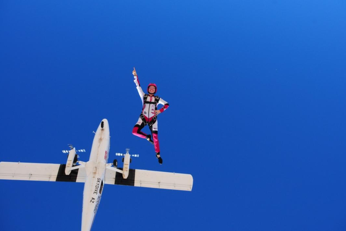 Nadia Kellam skydiving in Eloy, Arizona in October 2014. In addition to skydiving she is a flying trapeze artist and a motorcyclist. Photographer: Robin Kellam