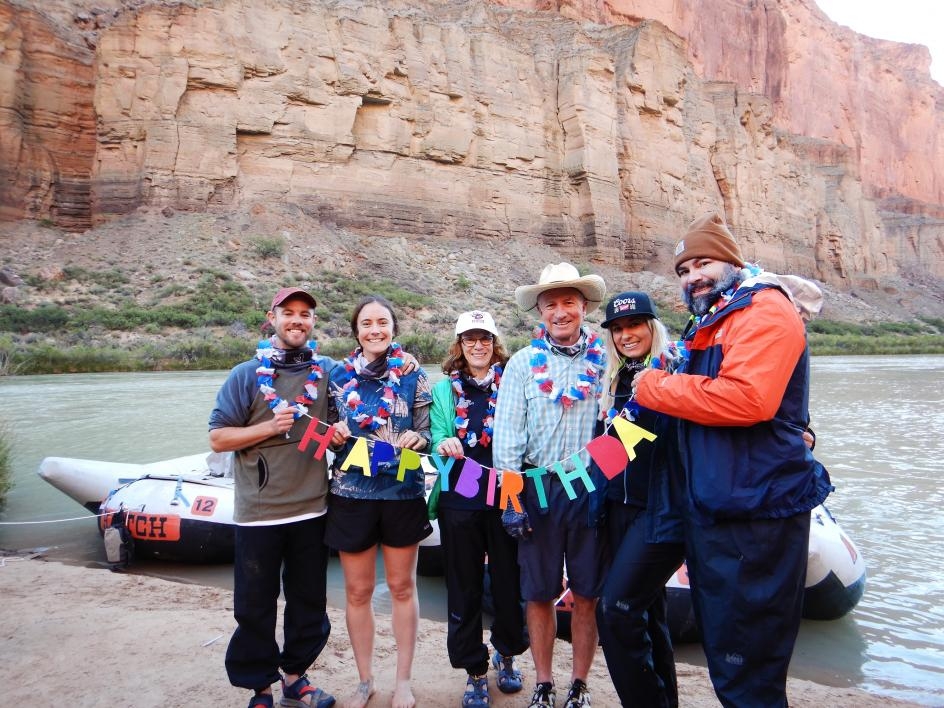 IHO Research Council member and ASU alumnus and Art Pearce and partner Donna Kinney (center) celebrated his birthday on the river with daughters Jessica Pearce and husband Shane Melde (left), and Meghan Alfonso and husband Sean Alfonso (right). 