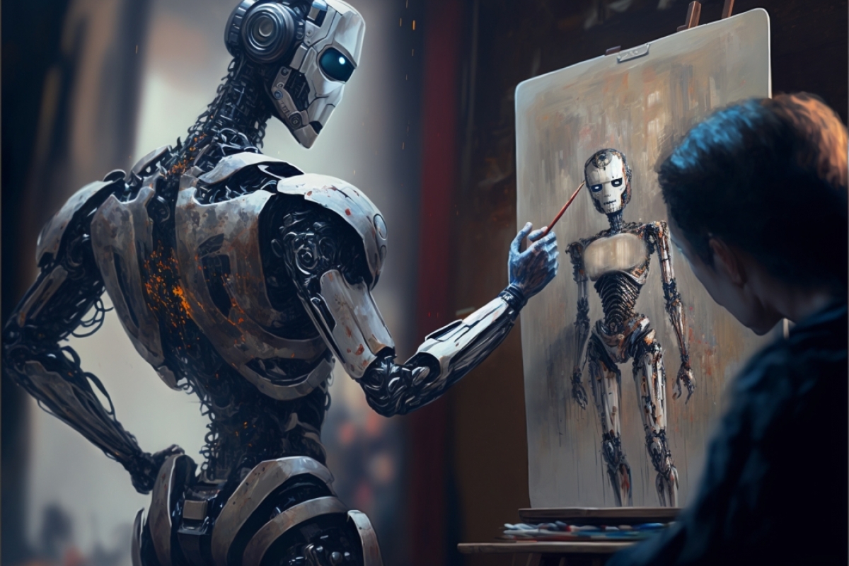 A robot painting a robot on canvas while a human watches.