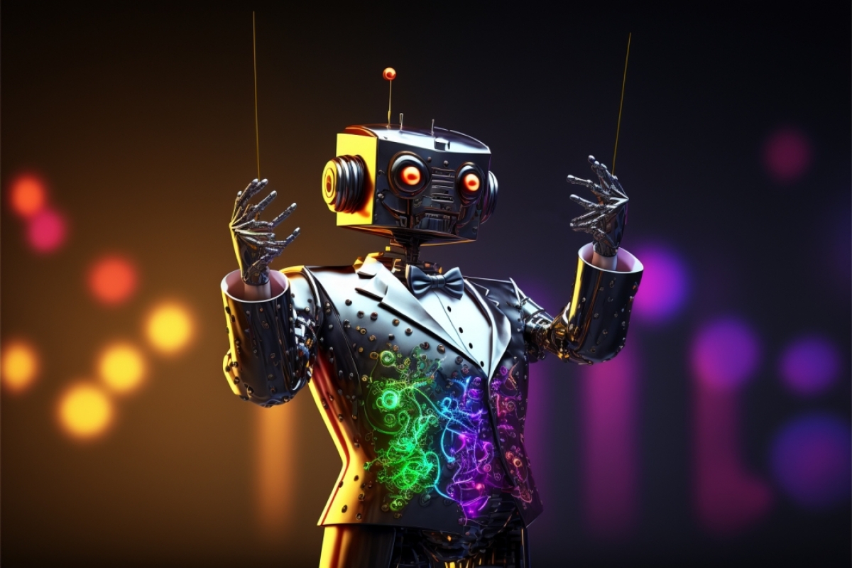 A robot symphony conductor wearing a suit.