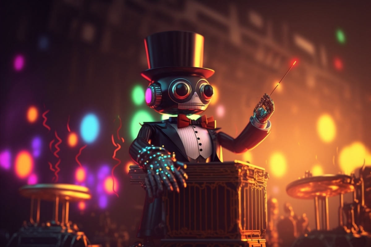 A robot symphony conductor wearing a tuxedo and conducting.