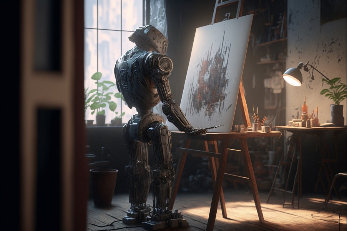 A robot working in an artist studio in front of a canvas.
