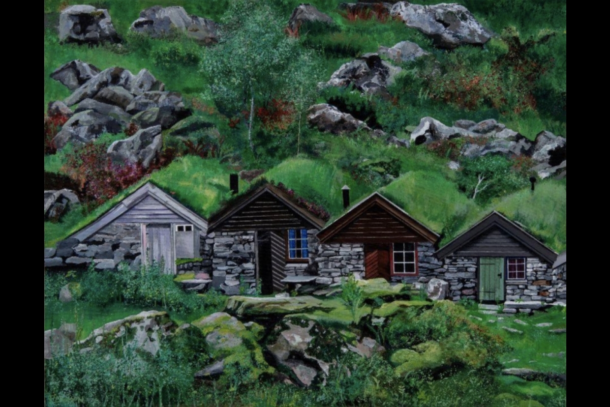 A painting of four cottages nestled in a hill surrounded by rocks and greenery.