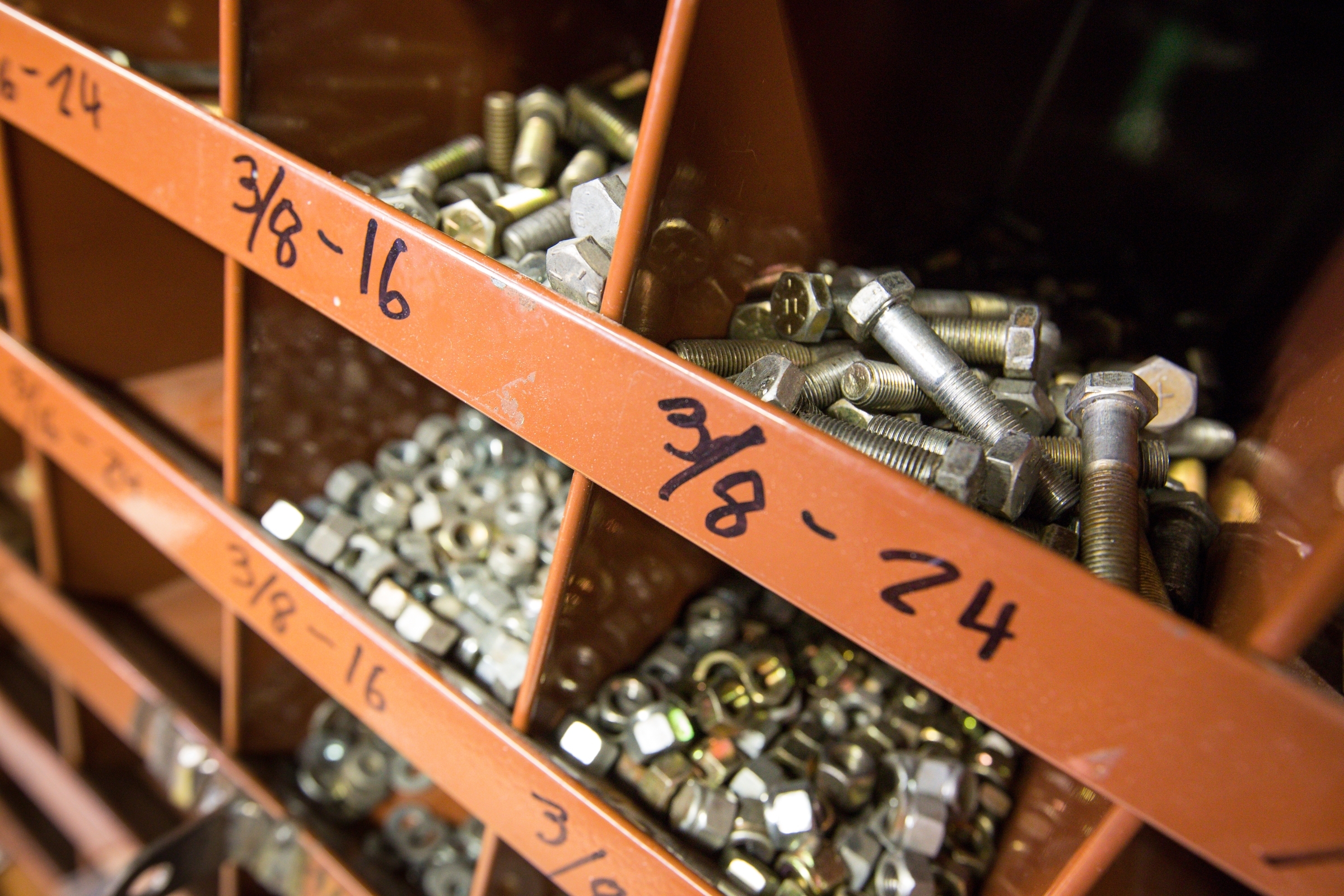 Nuts and bolts in an auto shop on campus.