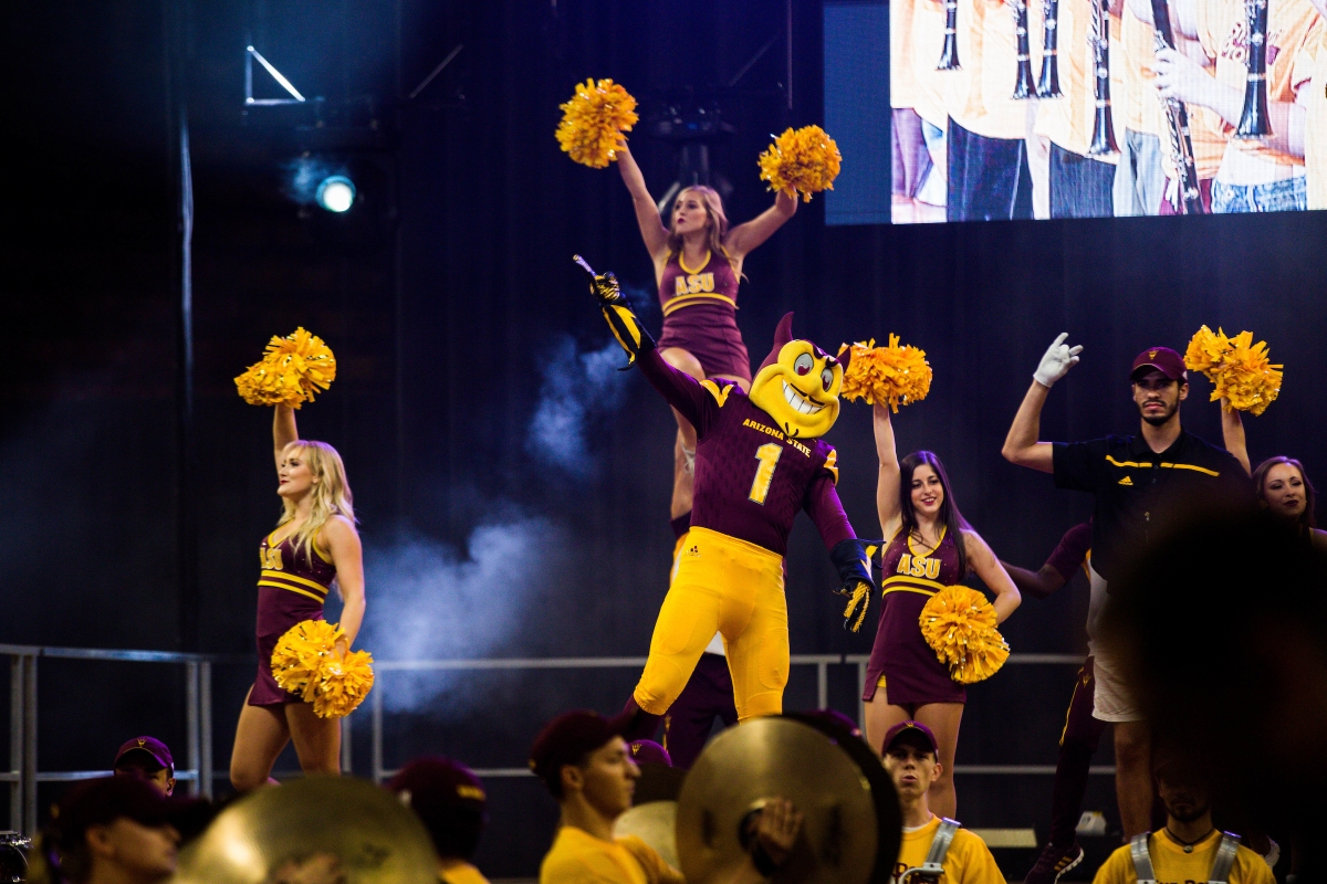 Sparky and cheerleaders cheer at Sun Devil Welcome