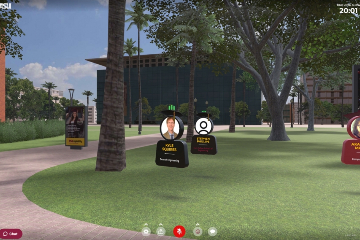 A screenshot of a 3D virtual environment with avatars on the lawn in front of ASU Old Main