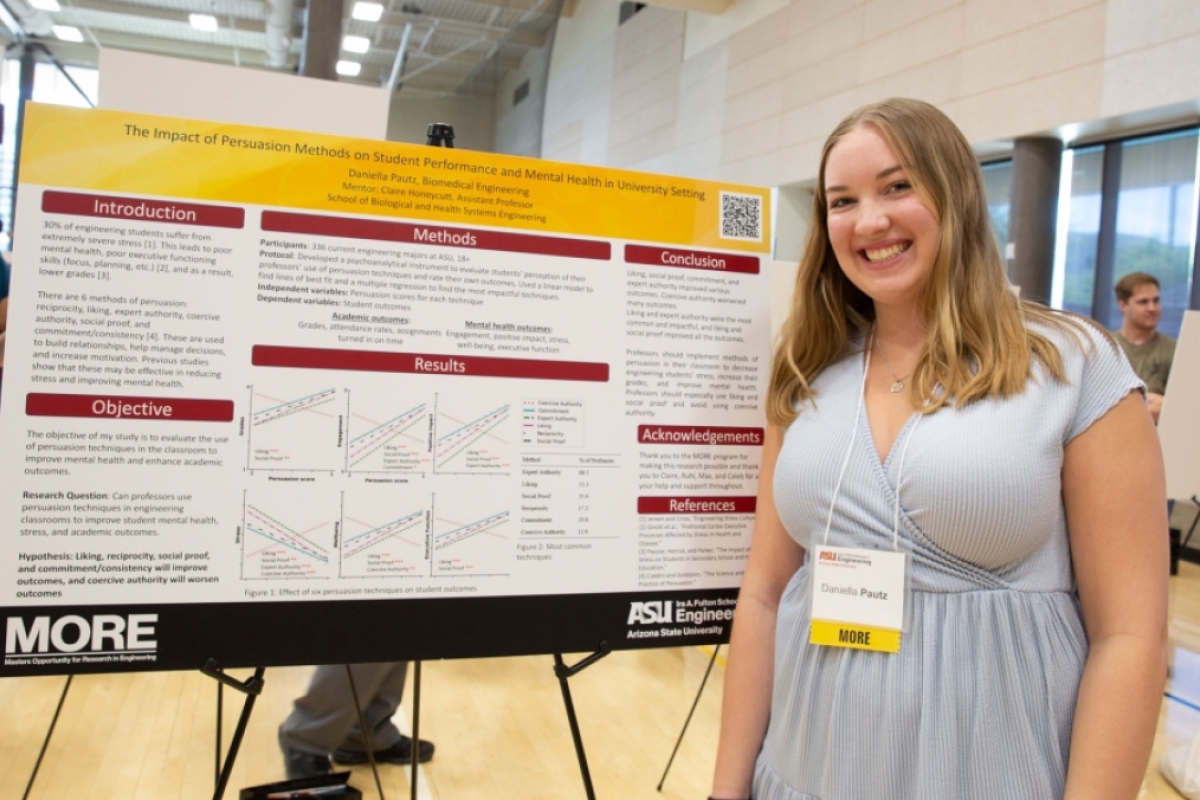 ASU biomedical engineering graduate student Daniella Pautz poses with a research poster presenting her Master’s Opportunity for Research in Engineering project findings.
