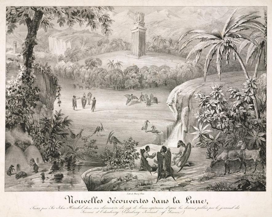 lithograph depicting scenes described in the Great Moon Hoax