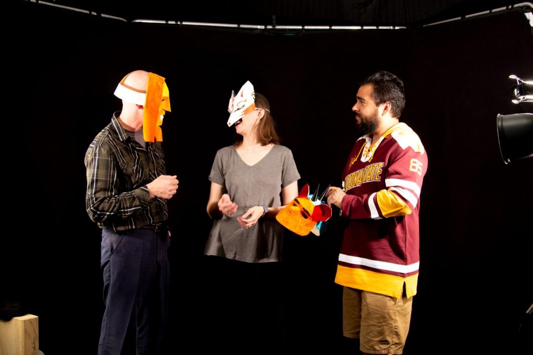 Victor Surovec, Sarah Lankenau Moench and Jesse Lopez standing with masks on