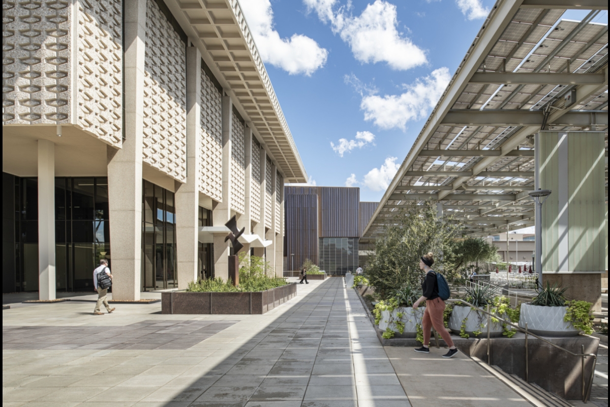ASU campus with view of library on left side and solar shades on the right