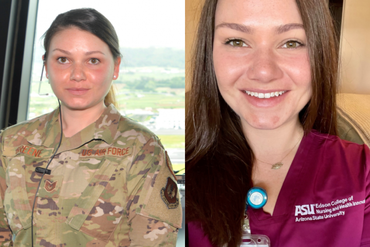 ASU student Heather Greene in a side-by-side image where she is wearing her military uniform in one photo and her nursing school scrubs in the other.