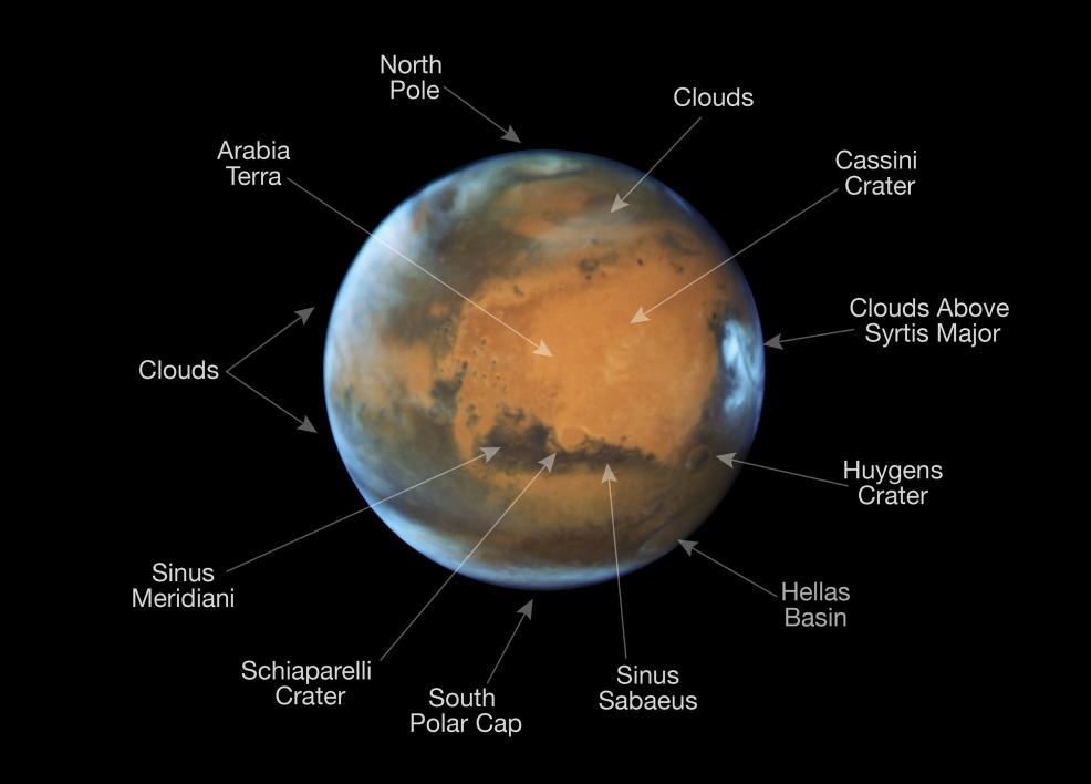 An annotated version of the latest image of Mars from the Hubble Space Telescope